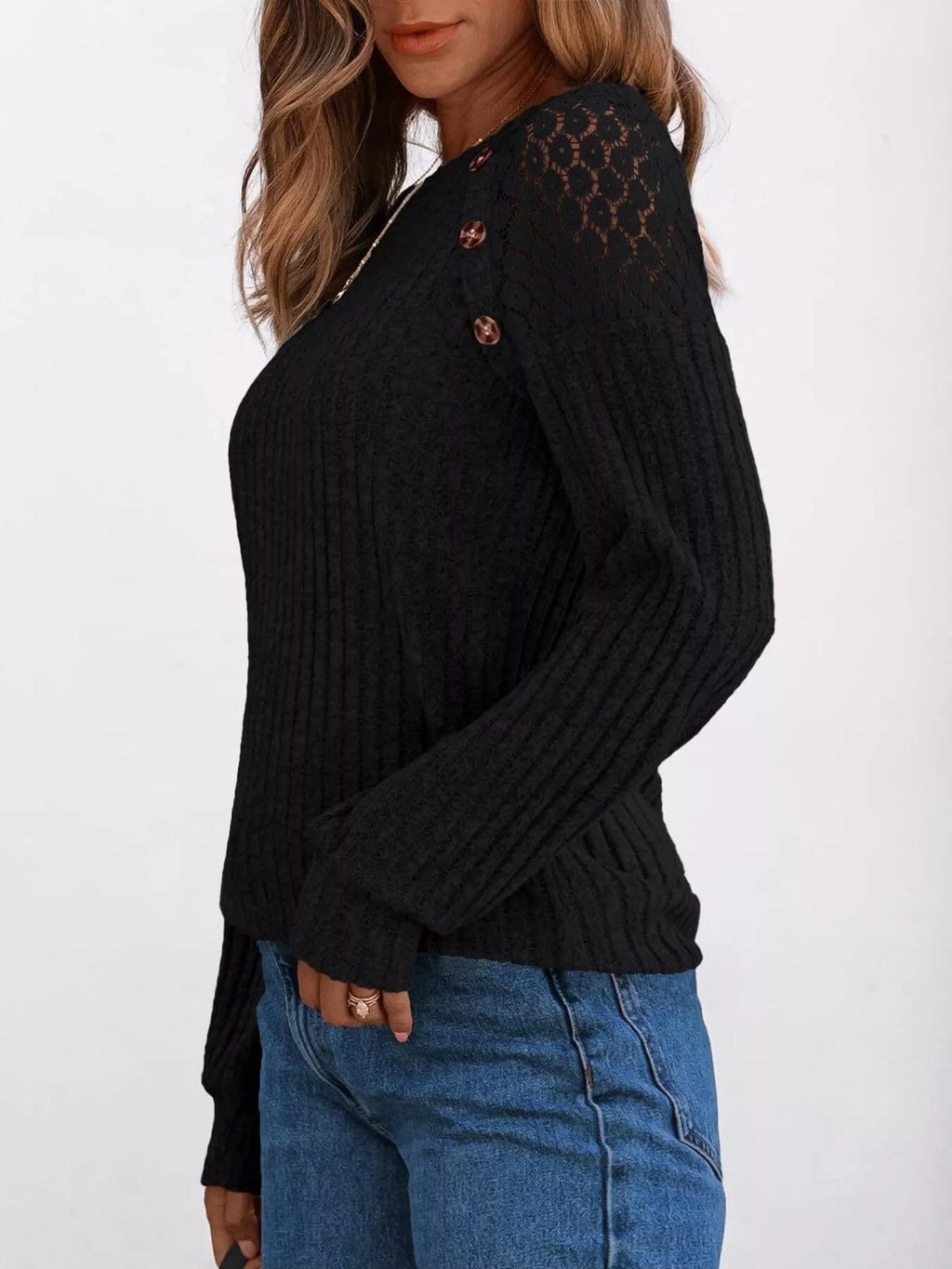 Ribbed Knit T-shirt Lace Shoulder Detail (8)