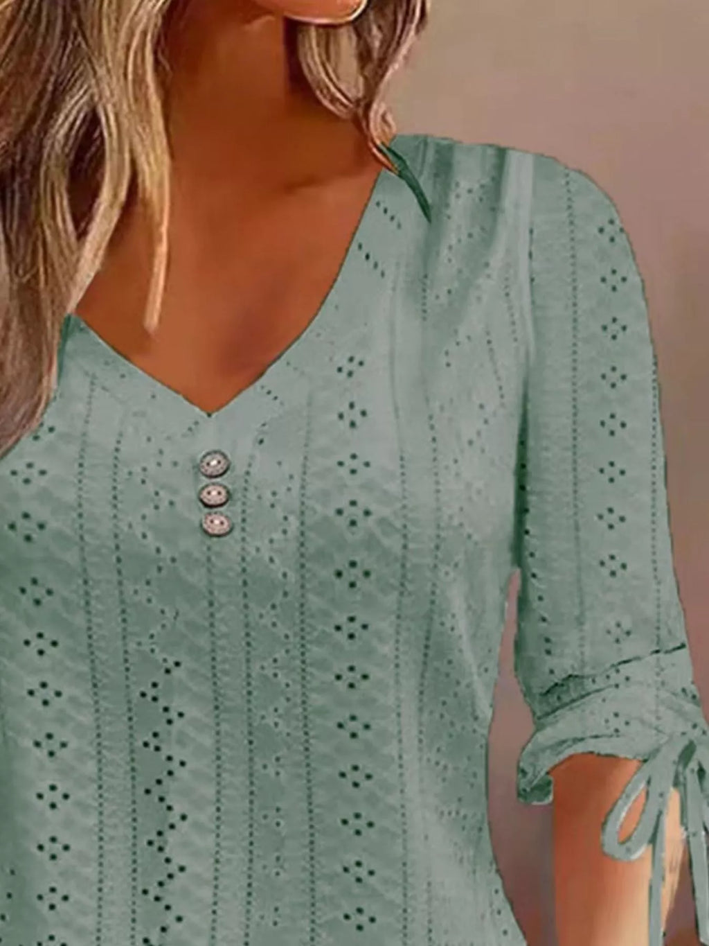 Full Size V-neck Eyelet Drawstring Sleeve Top Plus (8)
