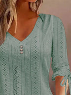 Full Size V-neck Eyelet Drawstring Sleeve Top Plus (8)