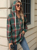 Drawstring Plaid Hooded Long Sleeve Top (2)