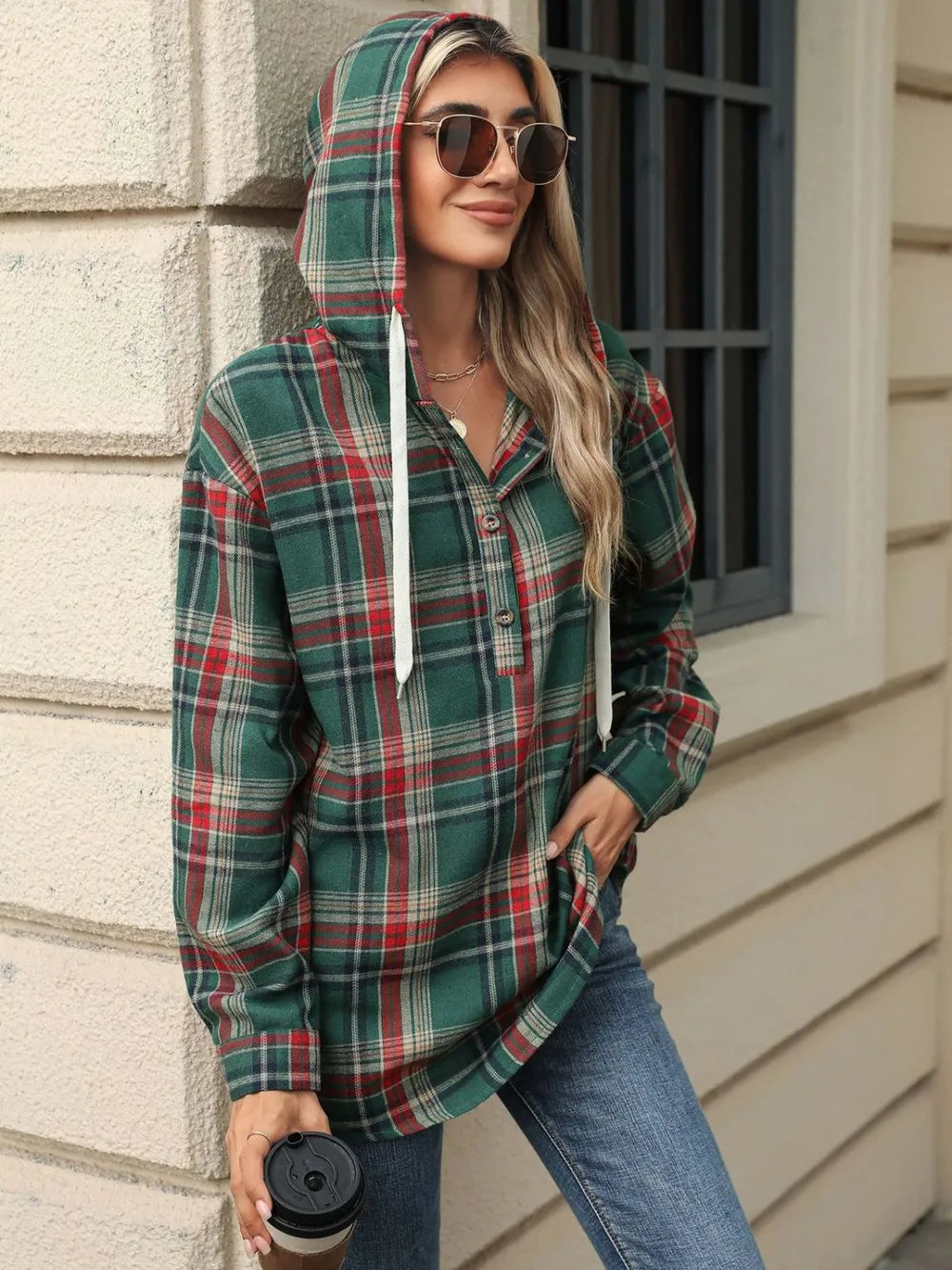 Drawstring Plaid Hooded Long Sleeve Top (2)