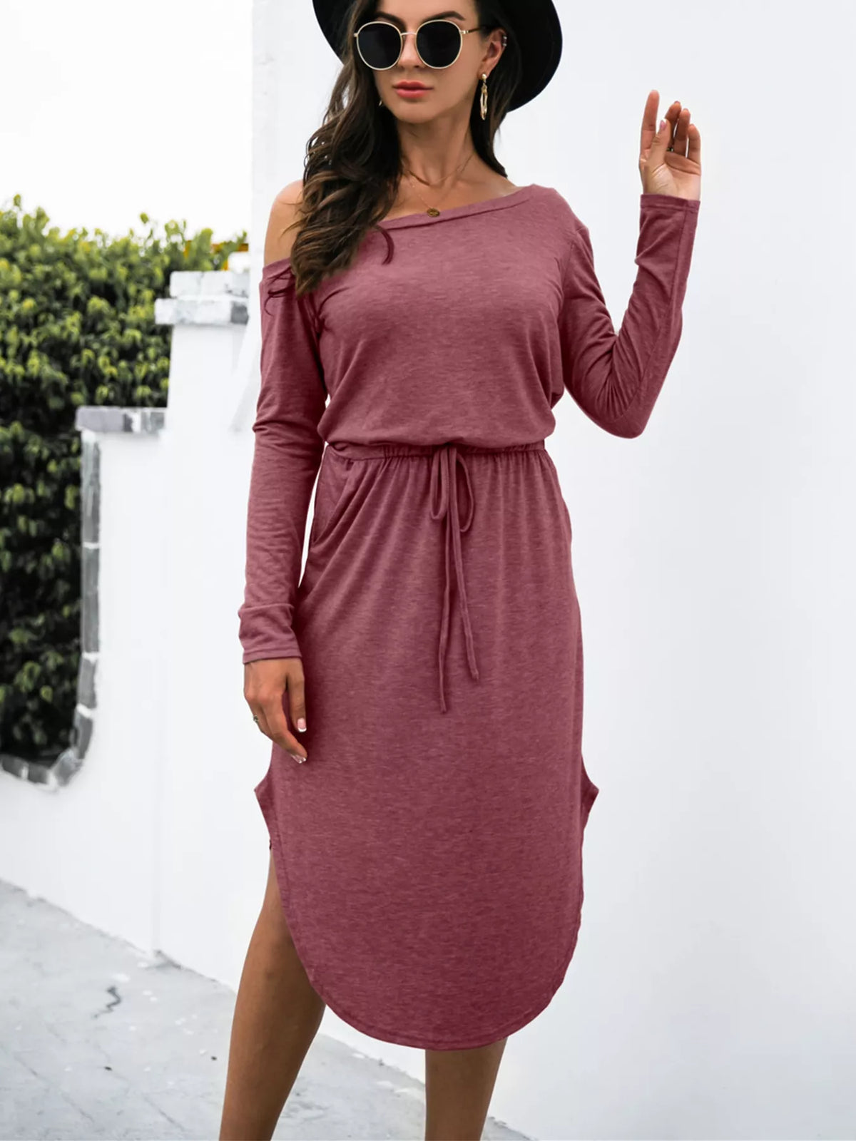 One-shoulder Long Sleeve Midi Dress Drawstring Waist (18)