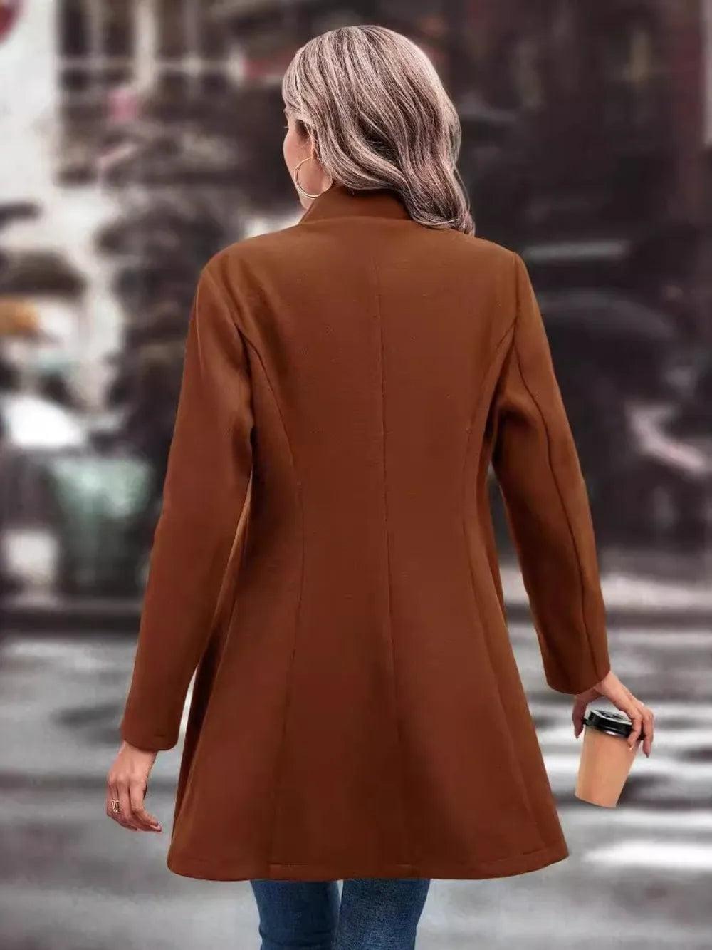 Collared Neck Long Sleeve Longline Coat (2)