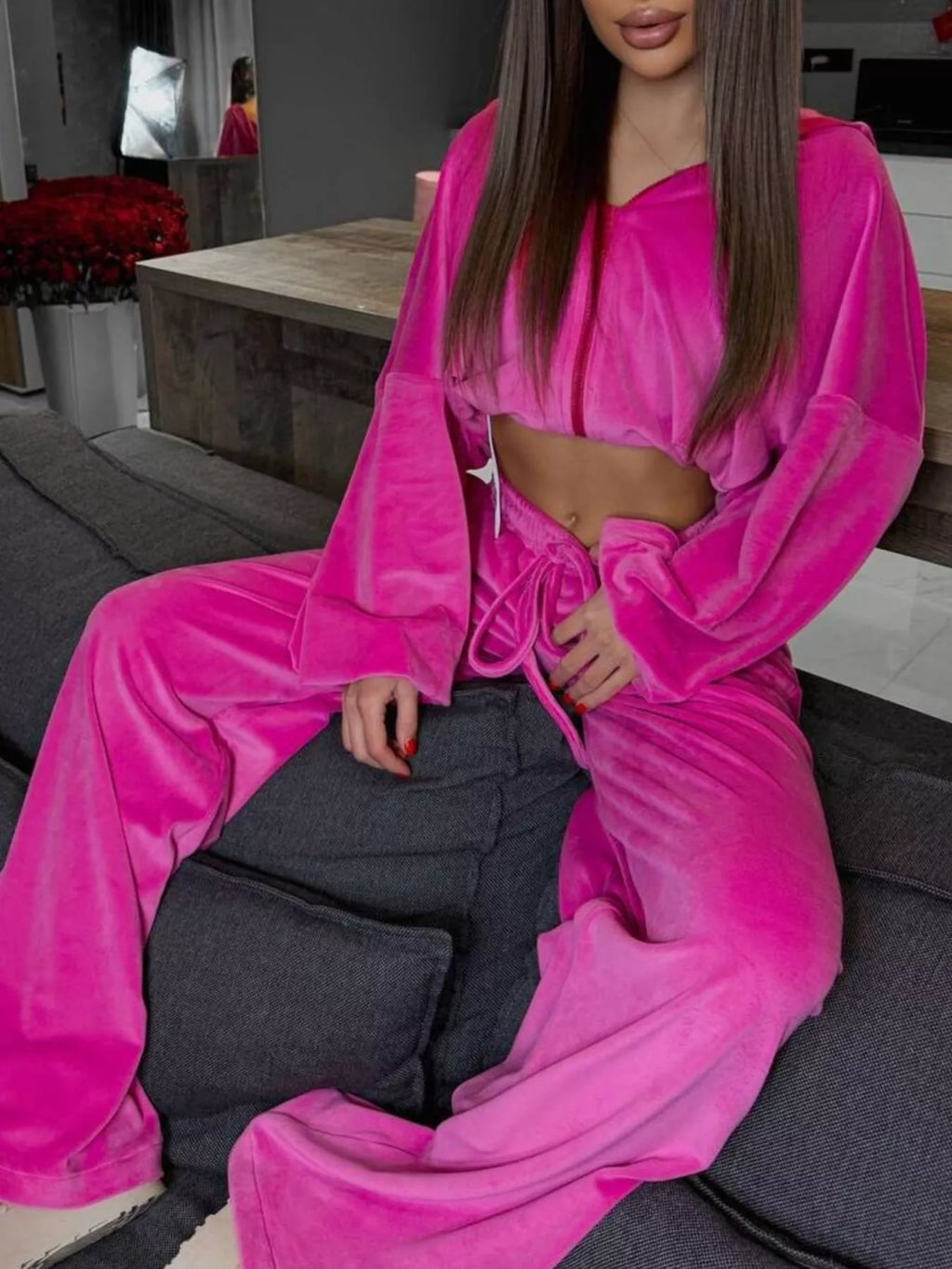 Zip Up Hoodie Wide-leg Pants Set
