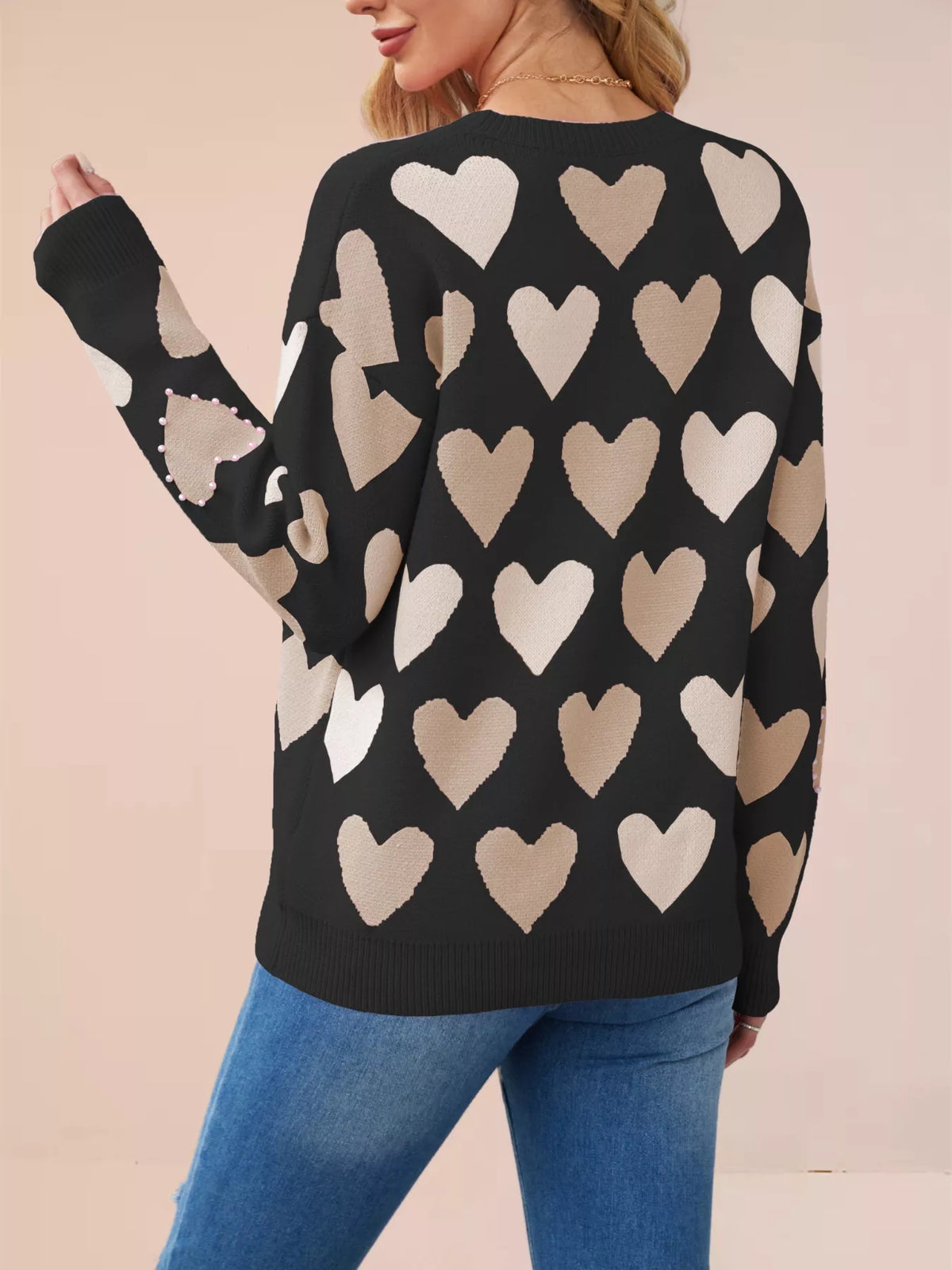 Heart Pattern Beaded Round Neck Sweater (13)