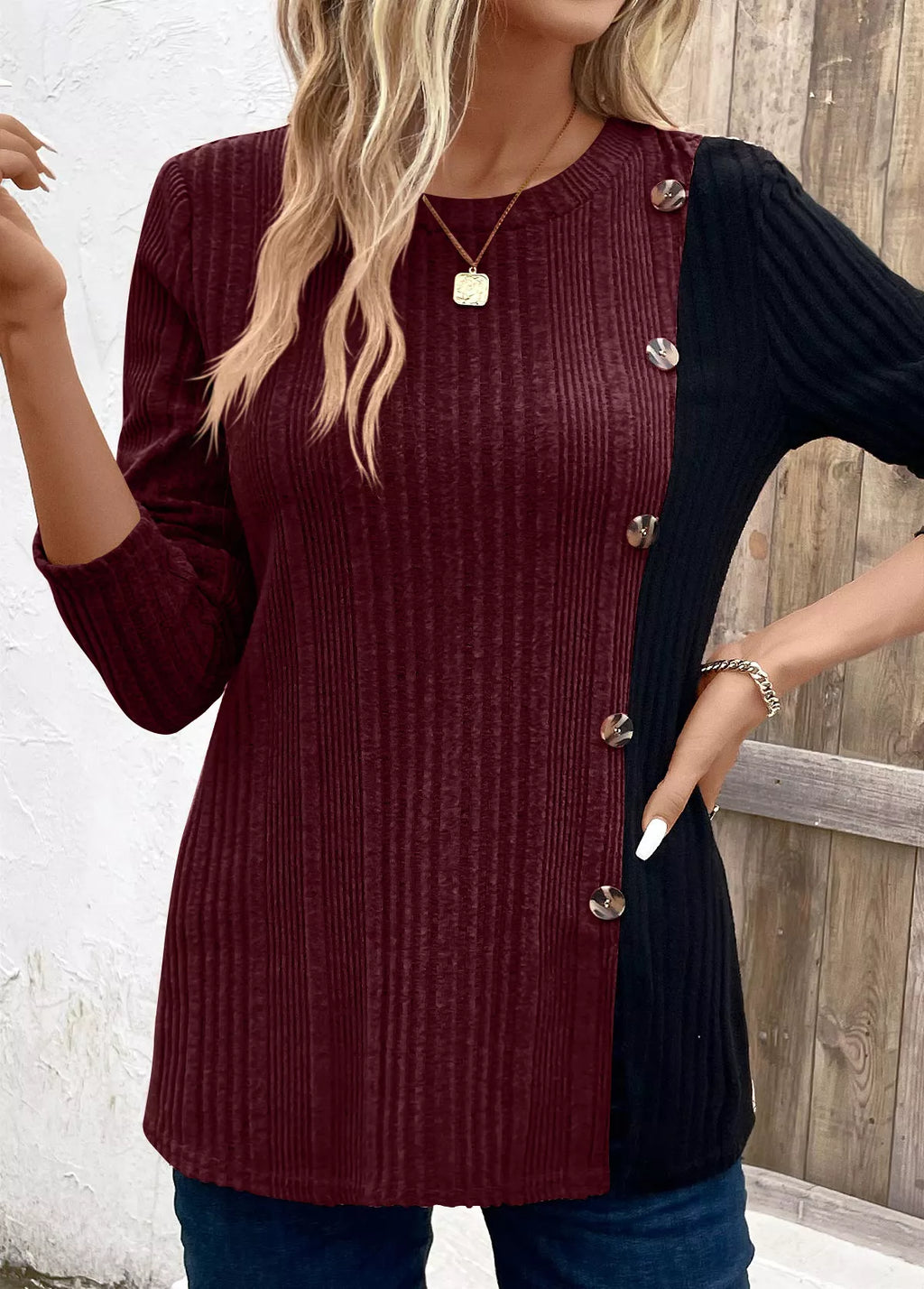 Block Ribbed Knit Decor Button T-shirt (14)