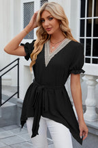 Swiss Dot Tie Waist Flounce Sleeve Blouse (6)