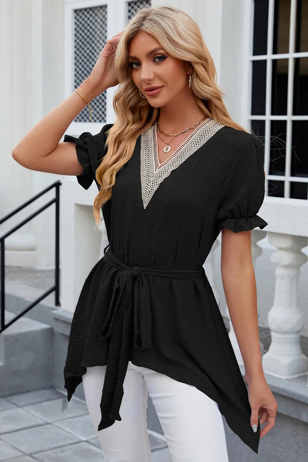Swiss Dot Tie Waist Flounce Sleeve Blouse (6)