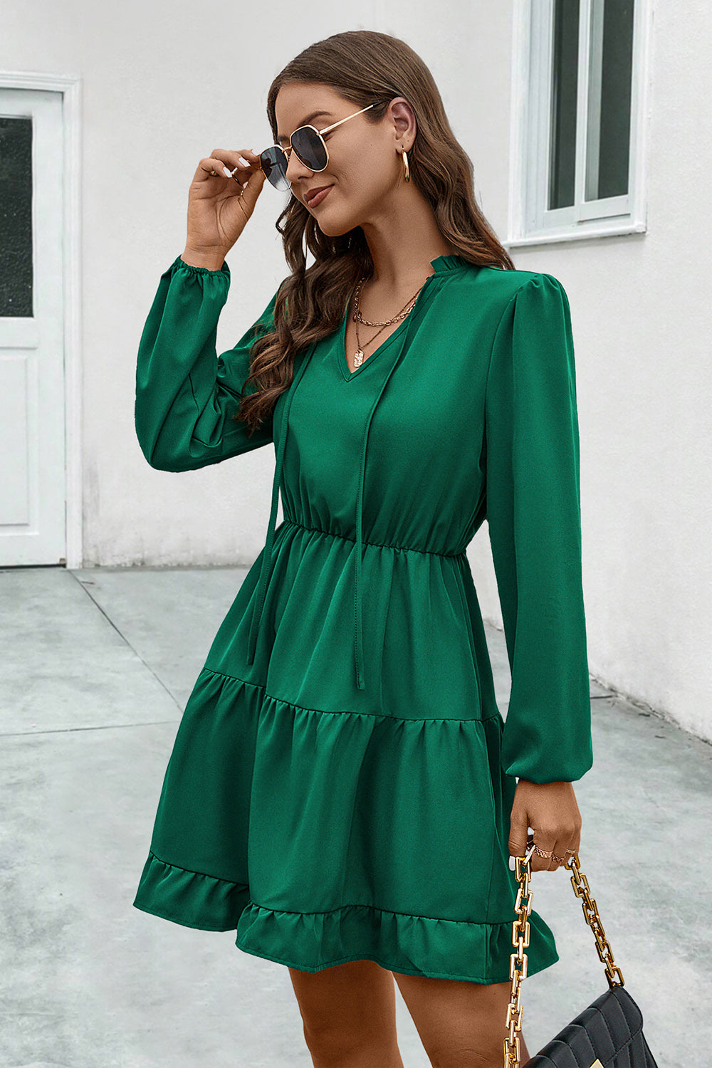V-neck Tie Neck Long Sleeve Dress (3)