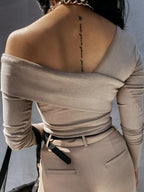 Asymmetrical Single Shoulder Long Sleeve T-shirt (8)