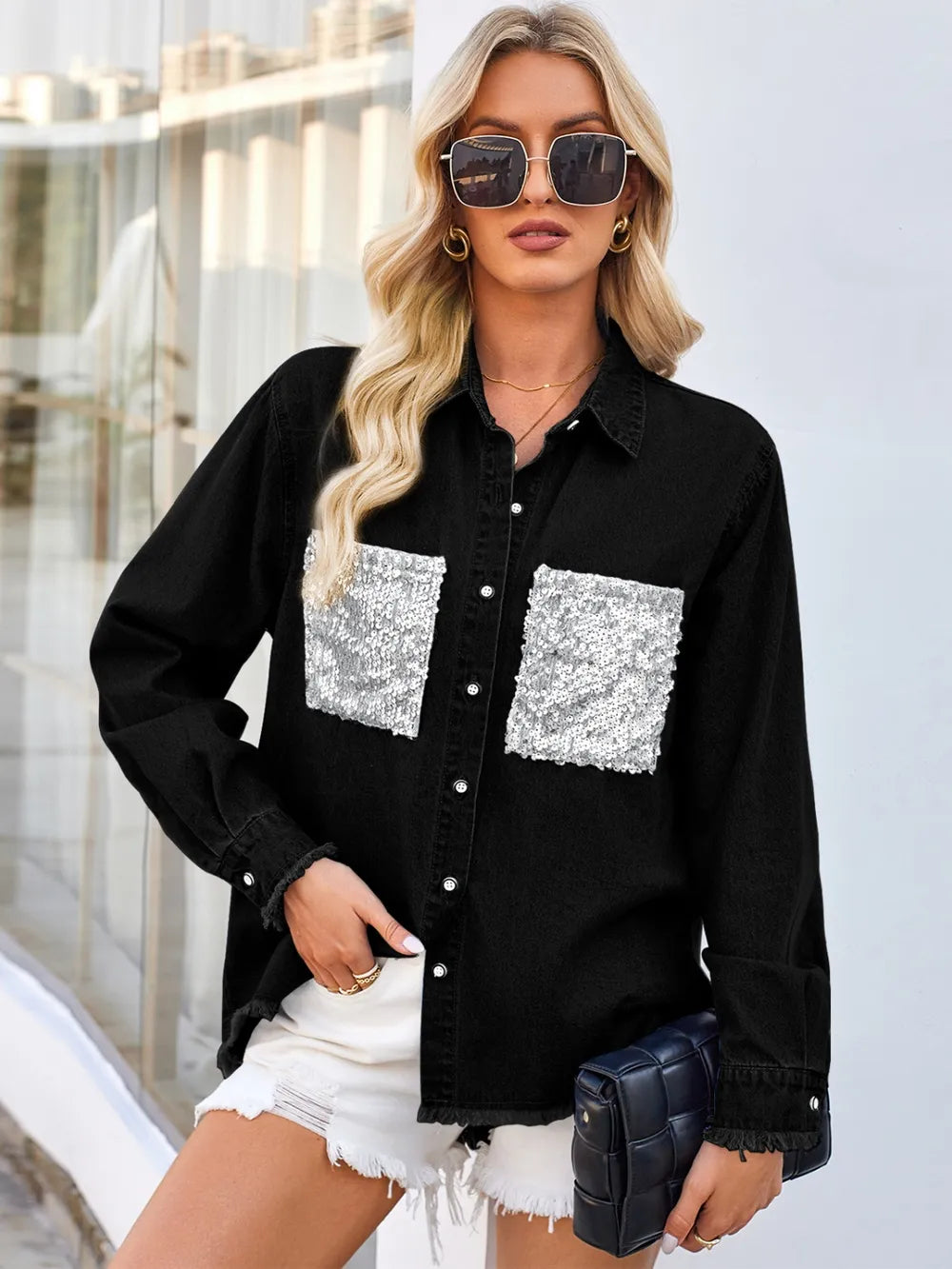 Raw Hem Button Up Long Sleeve Denim Jacket Sequin Pockets (3)