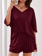 Casual Solid Color V-neck Top Shorts Set (18)