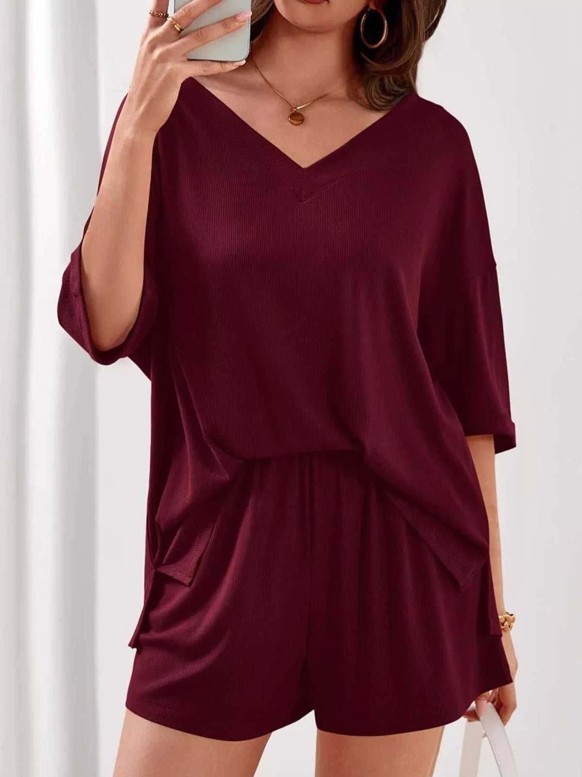 Casual Solid Color V-neck Top Shorts Set (18)