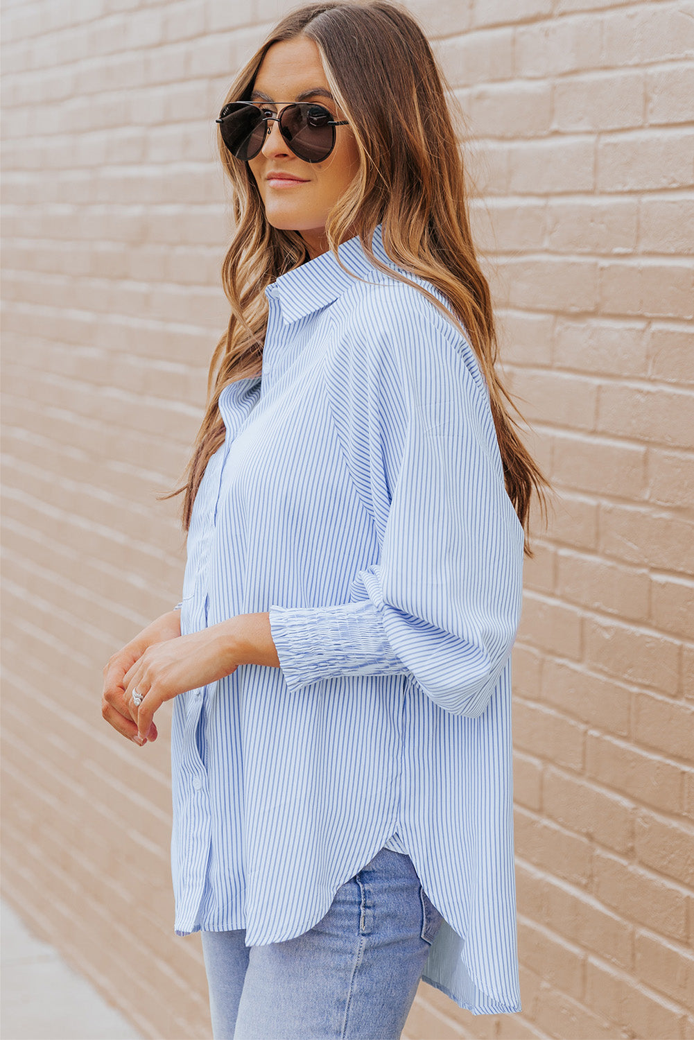 Striped Lantern Sleeve Collared Shirt (4)