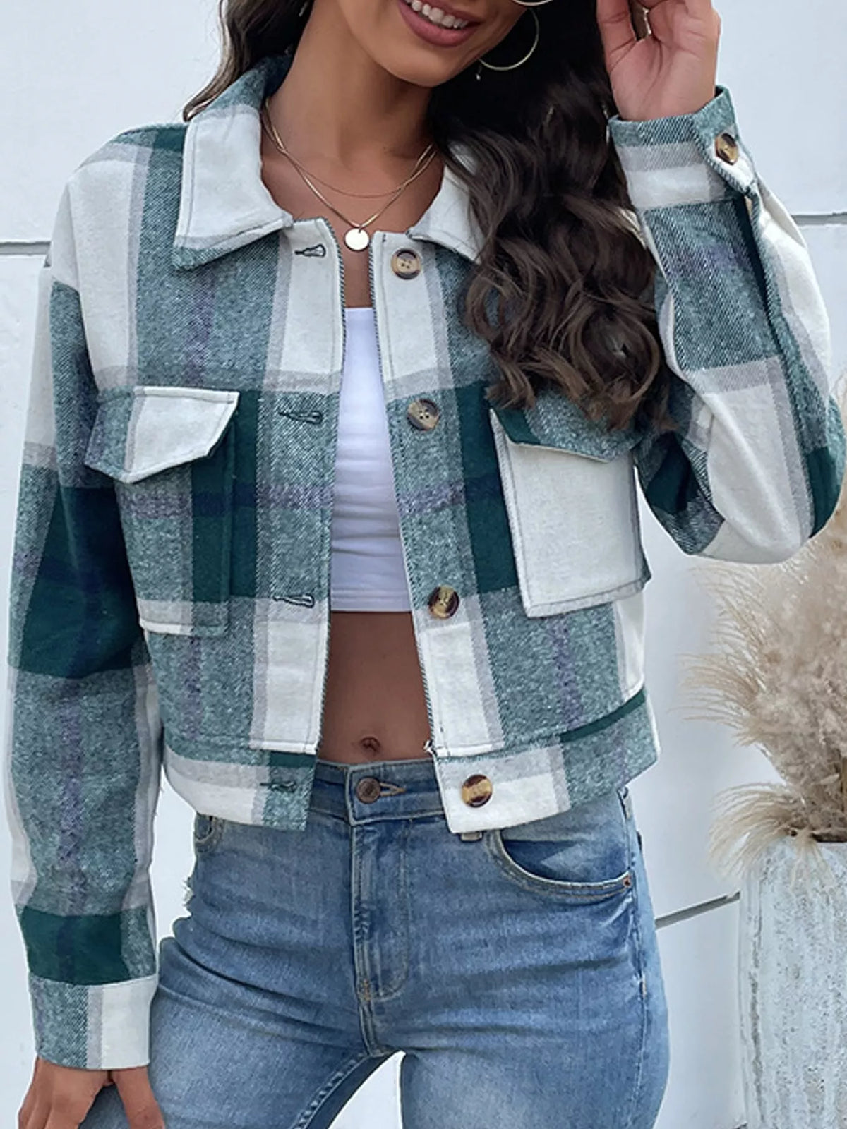 Plaid Button-up Cropped Jacket (10)