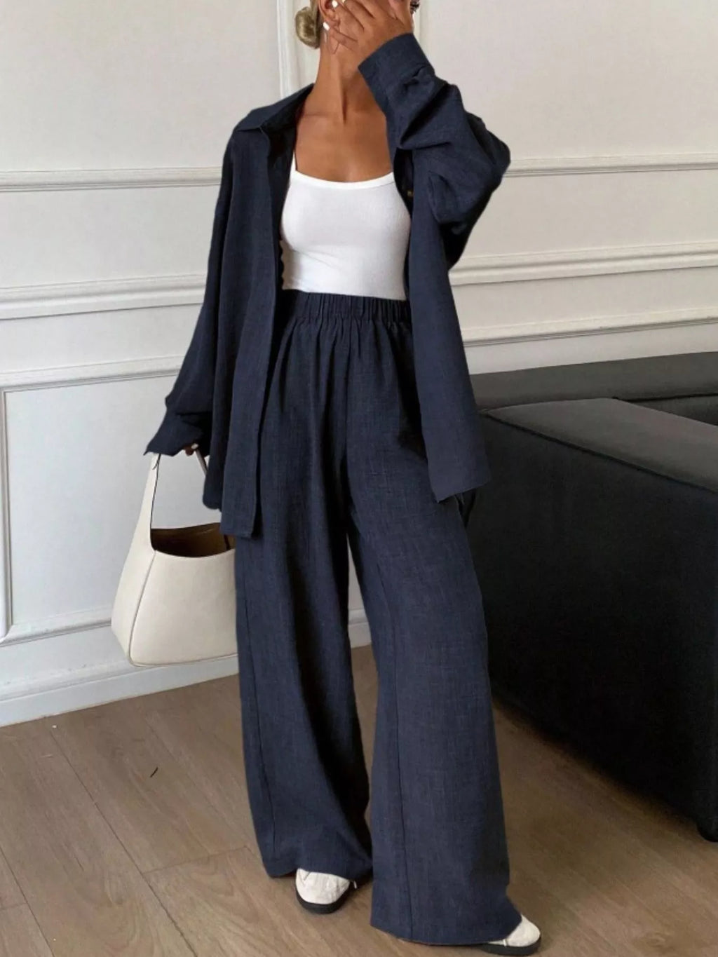 Button Up Long Sleeve Shirt Wide Leg Pants Set (6)