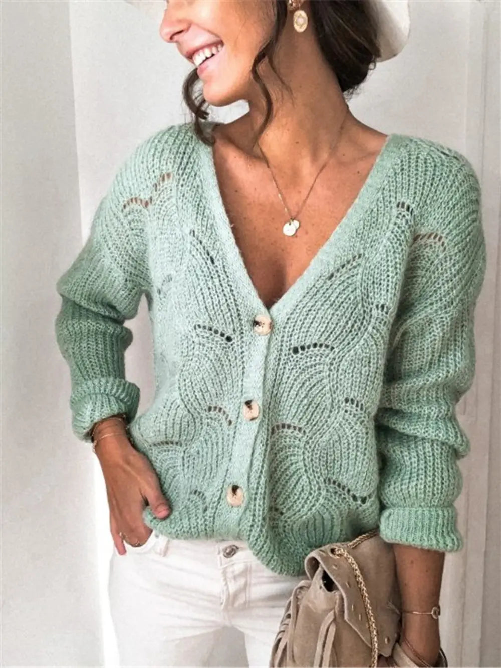 Openwork Button Up Long Sleeve Cardigan (5)