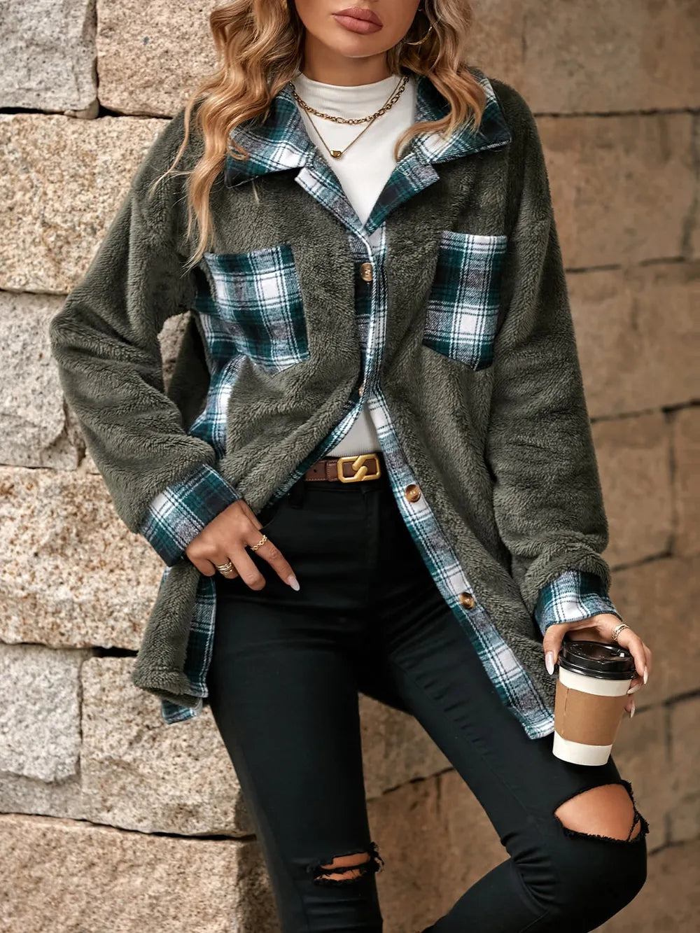 Plaid Contrast Dropped Shoulder Coat (12)