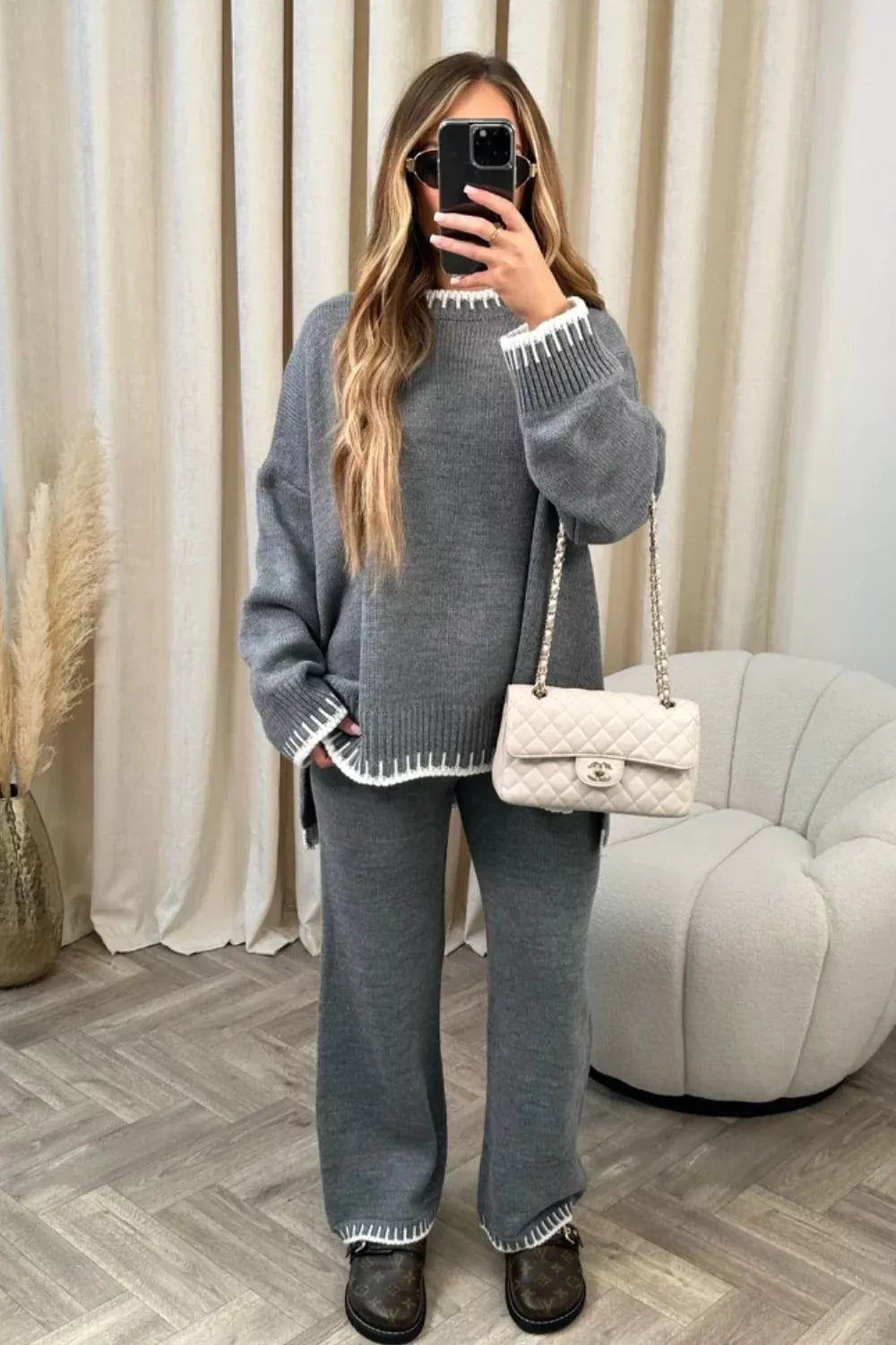 Contrast Trim Round Neck Top Pants Sweater Set (16)