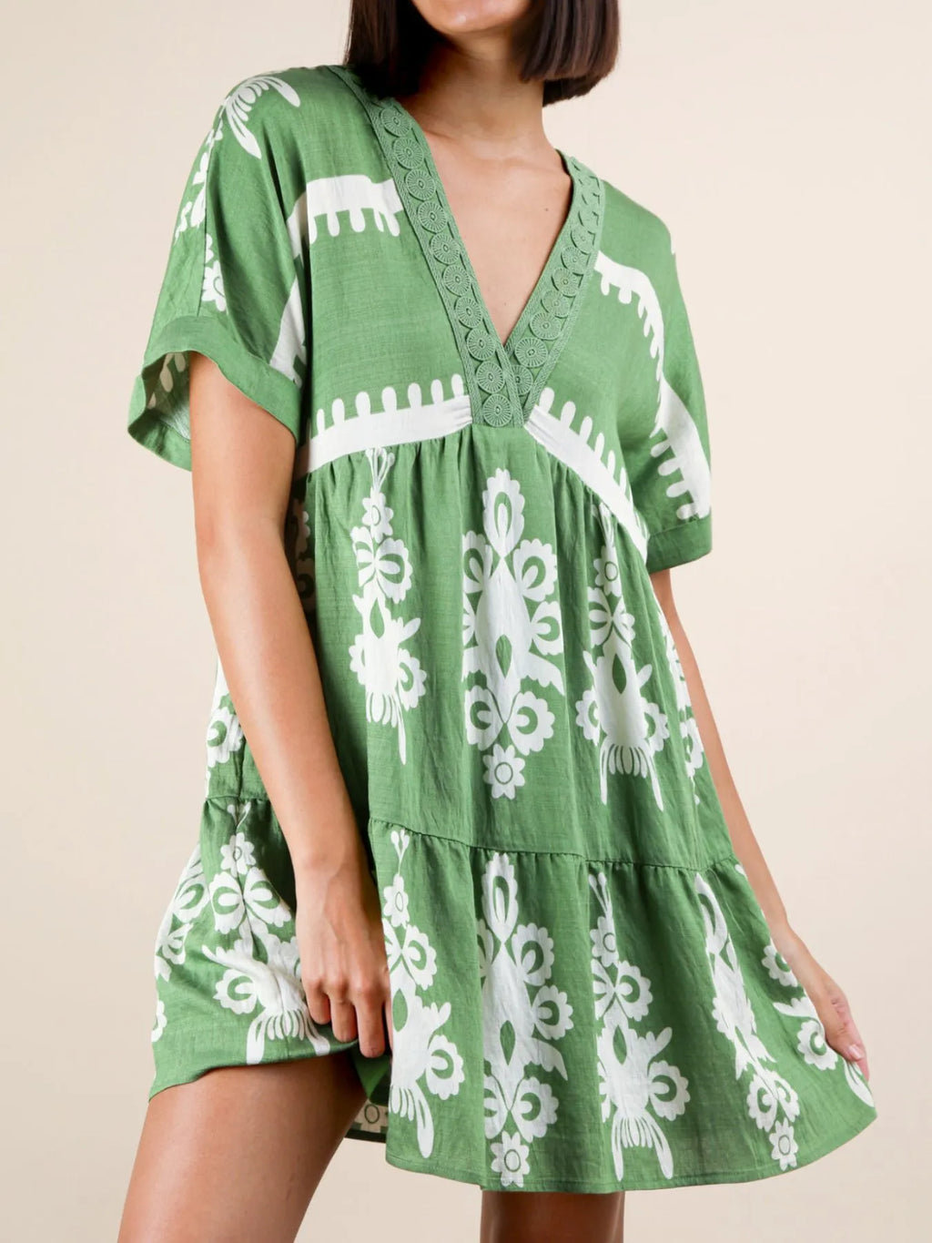Printed V-neck Short Sleeve Mini Dress (12)