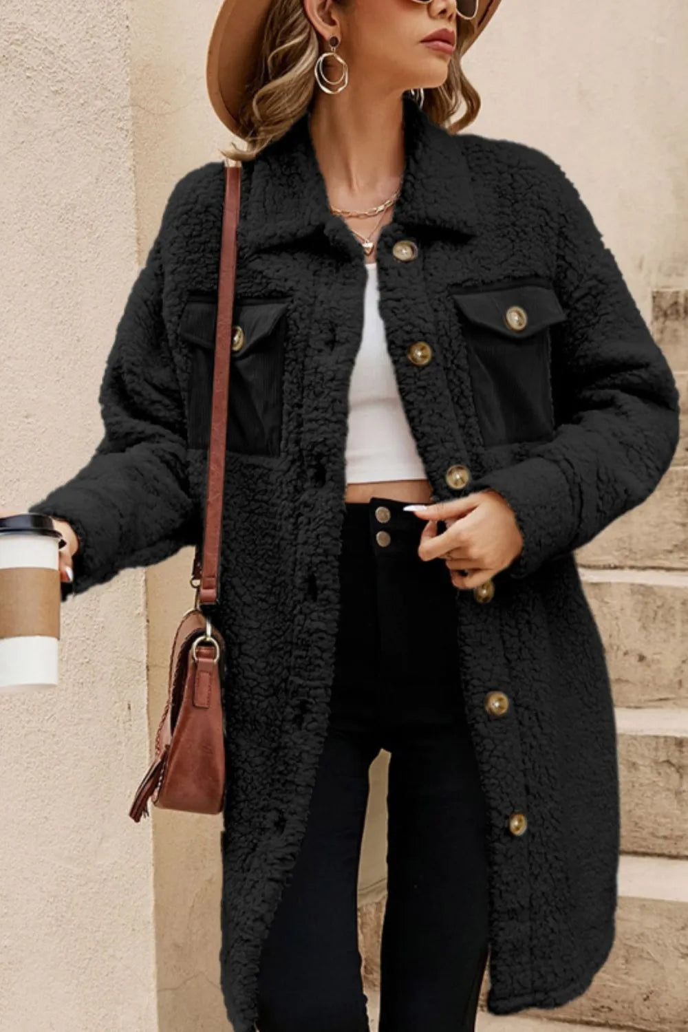 Collared Neck Long Sleeve Longline Teddy Jacket (19)