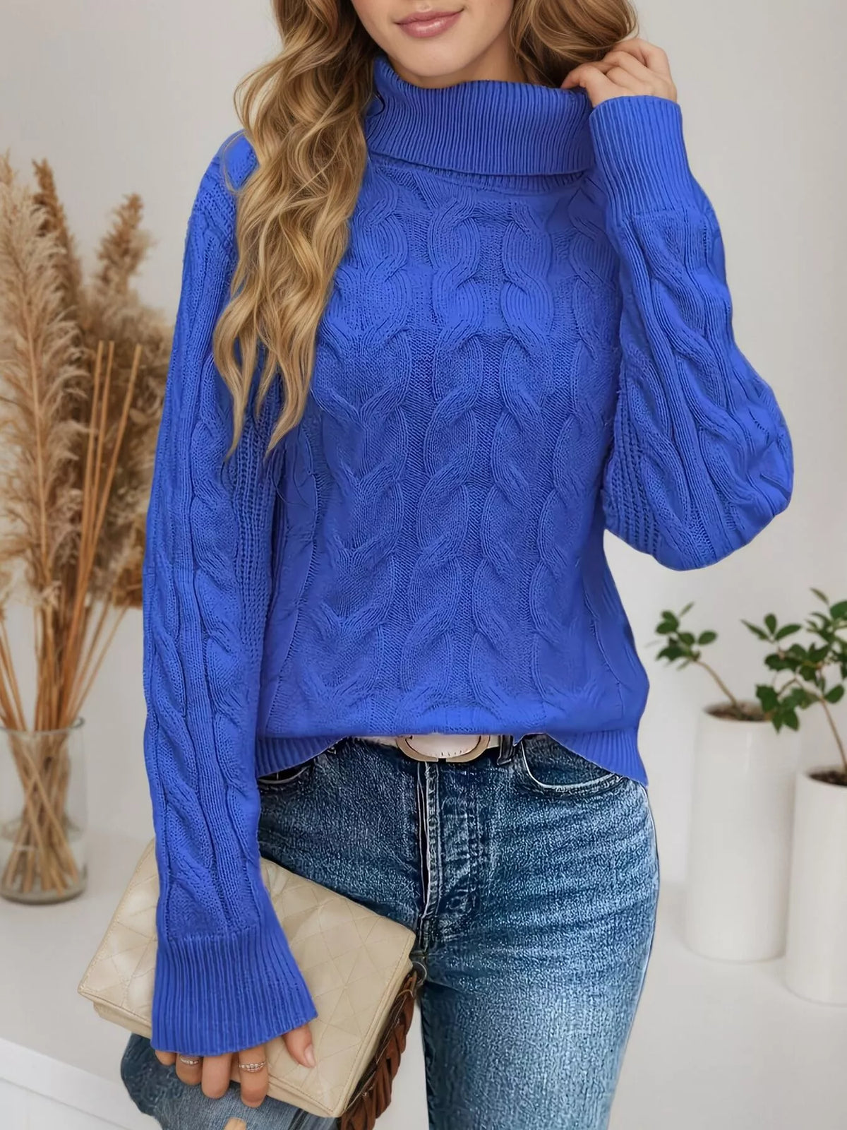 Cable Knit Turtleneck Long Sleeve Sweater (22)