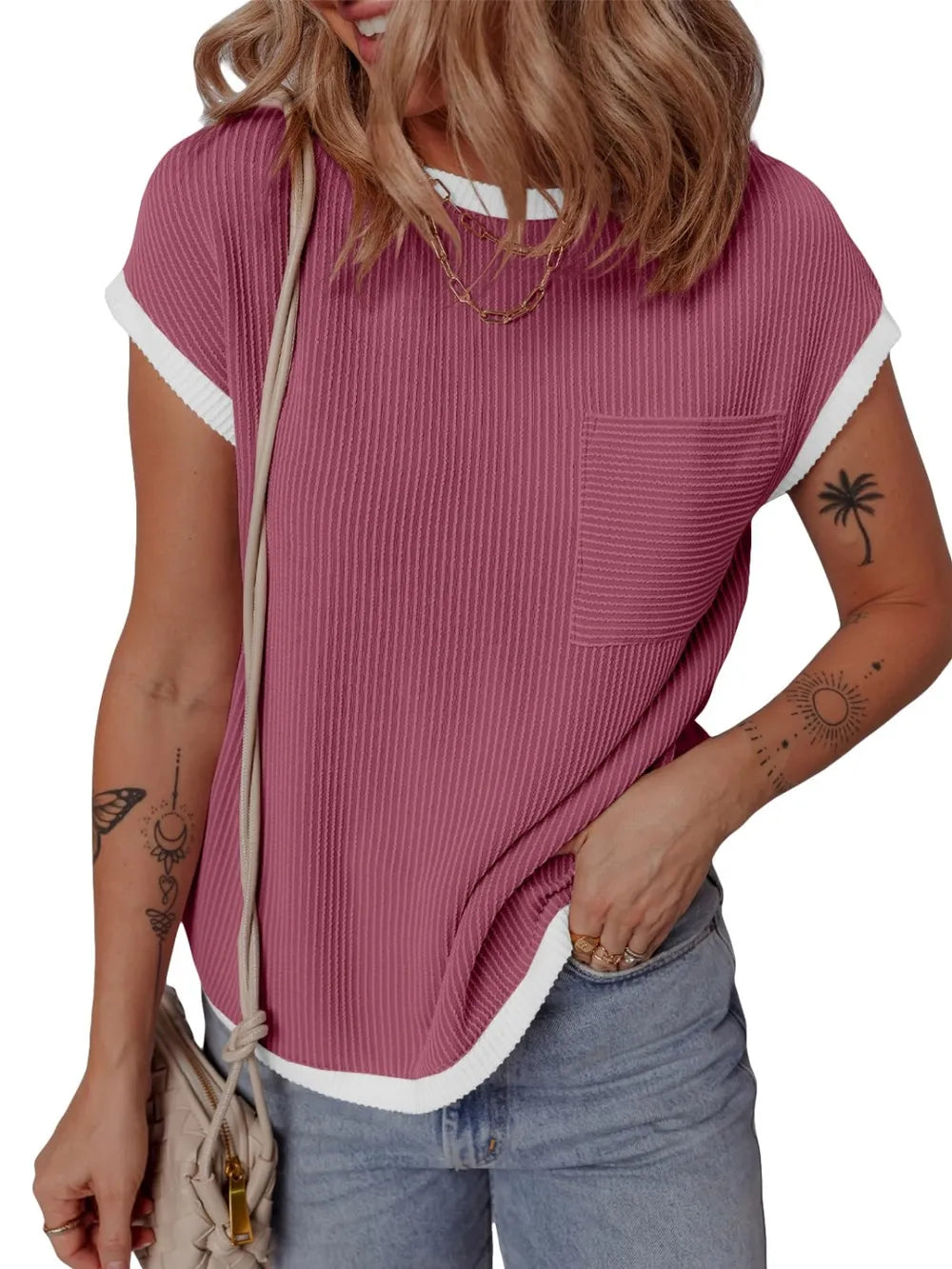 Contrast Trim Round Neck Short Sleeve T-shirt (25)
