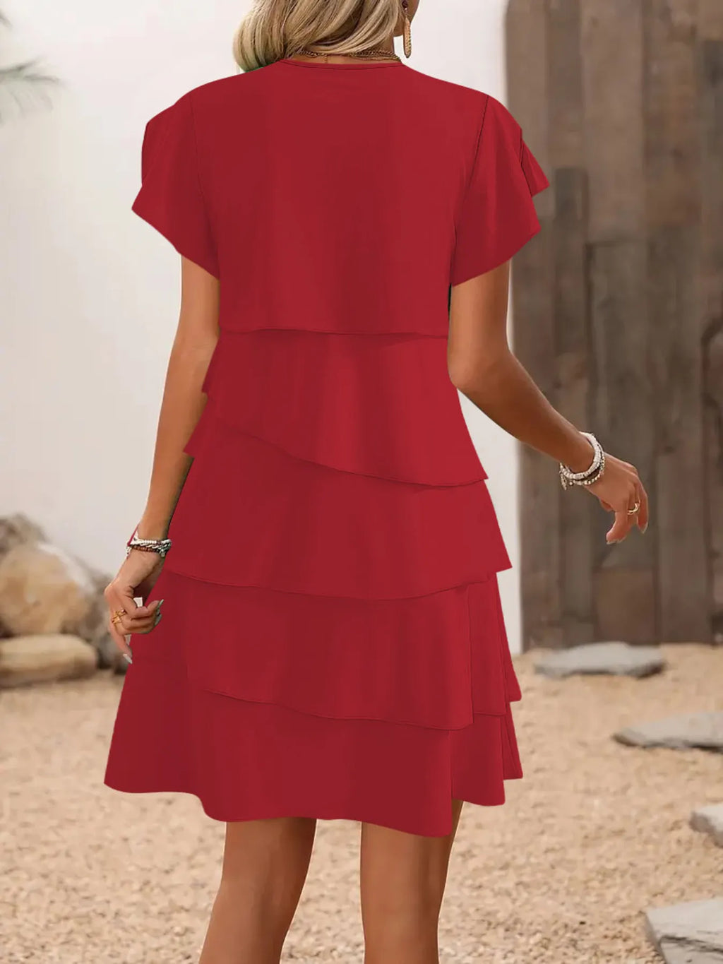 Casual Layered Round Neck Ruffled Sleeve Dress (3)