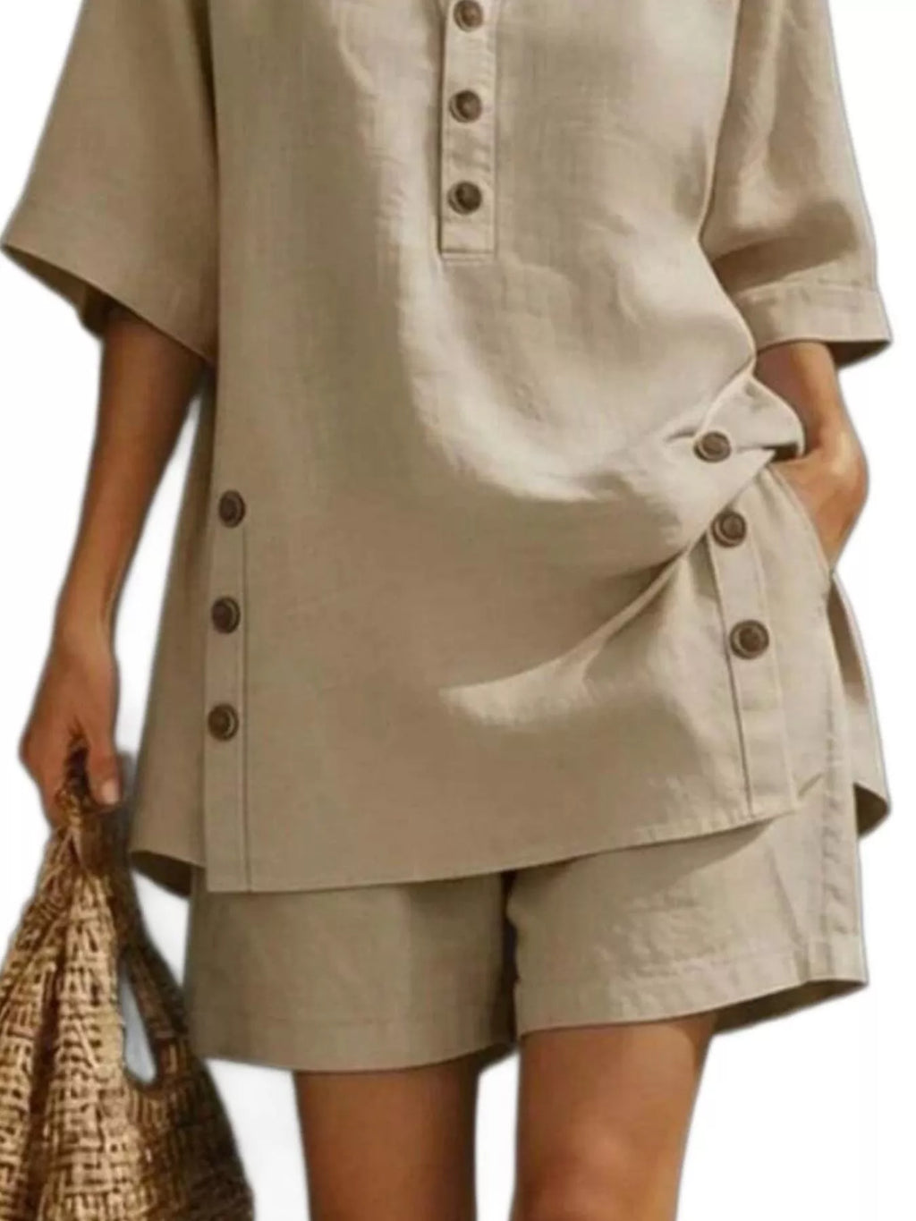 Full Size Casual Linen Button-down Shirt Shorts Set Plus (6)