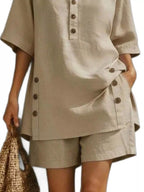 Full Size Casual Linen Button-down Shirt Shorts Set Plus (6)