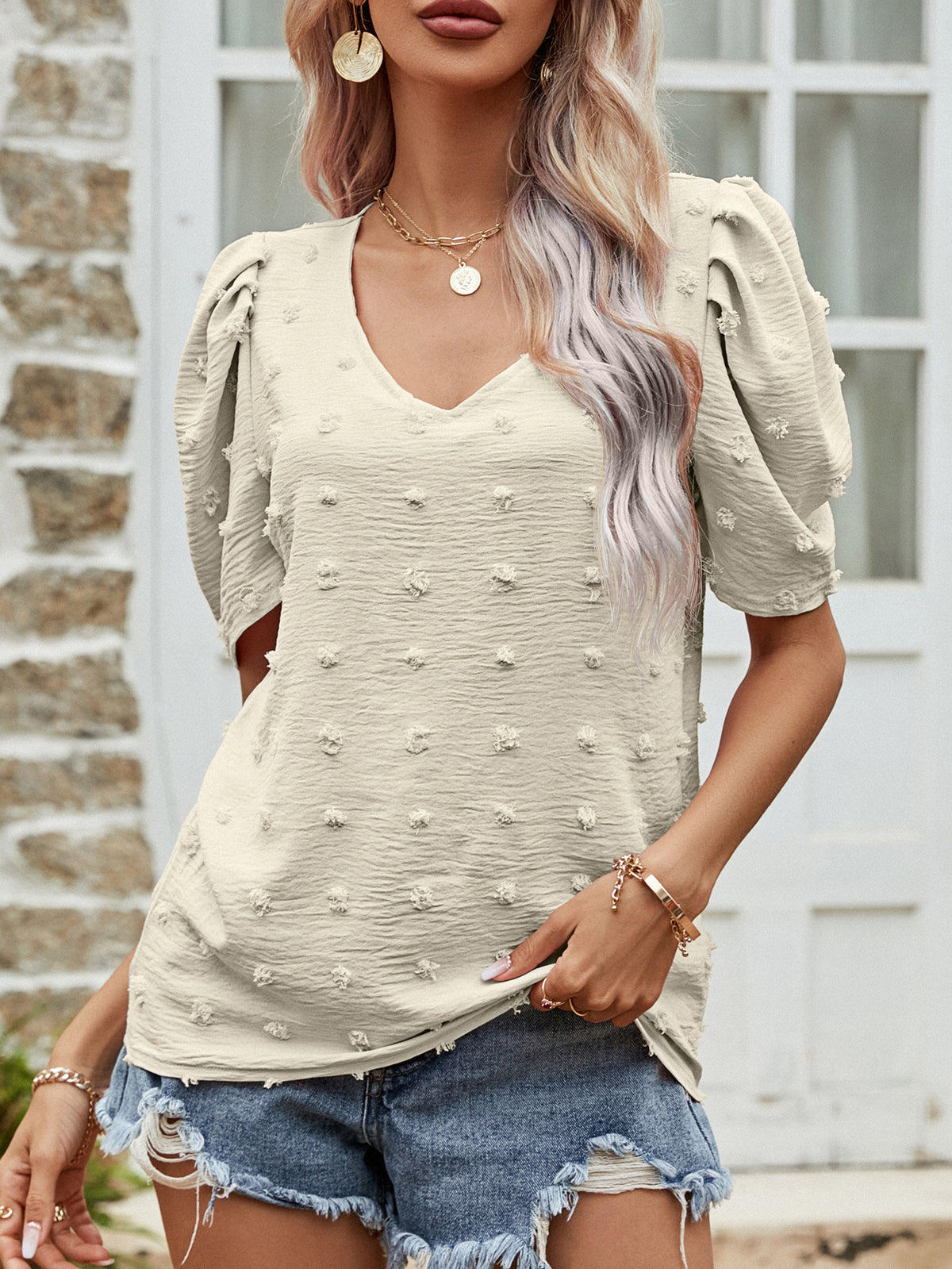 Swiss Dot Short Puff Sleeve Top (5)