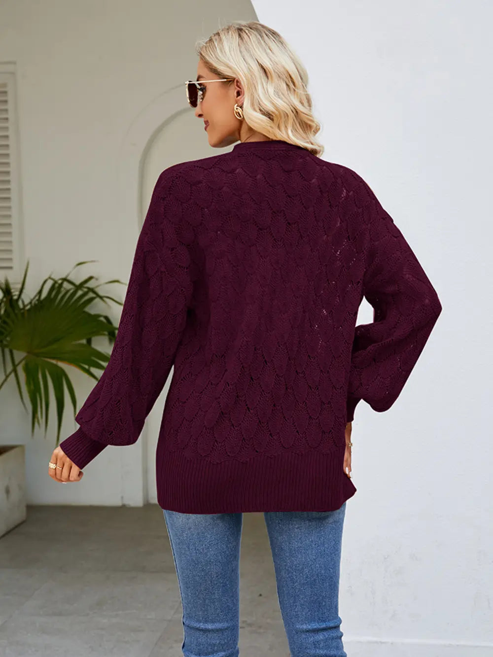 Openwork Open Front Lantern Sleeve Cardigan (7)