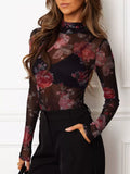 Floral Print Sheer Mesh Long Sleeve Mock Neck Top (2)