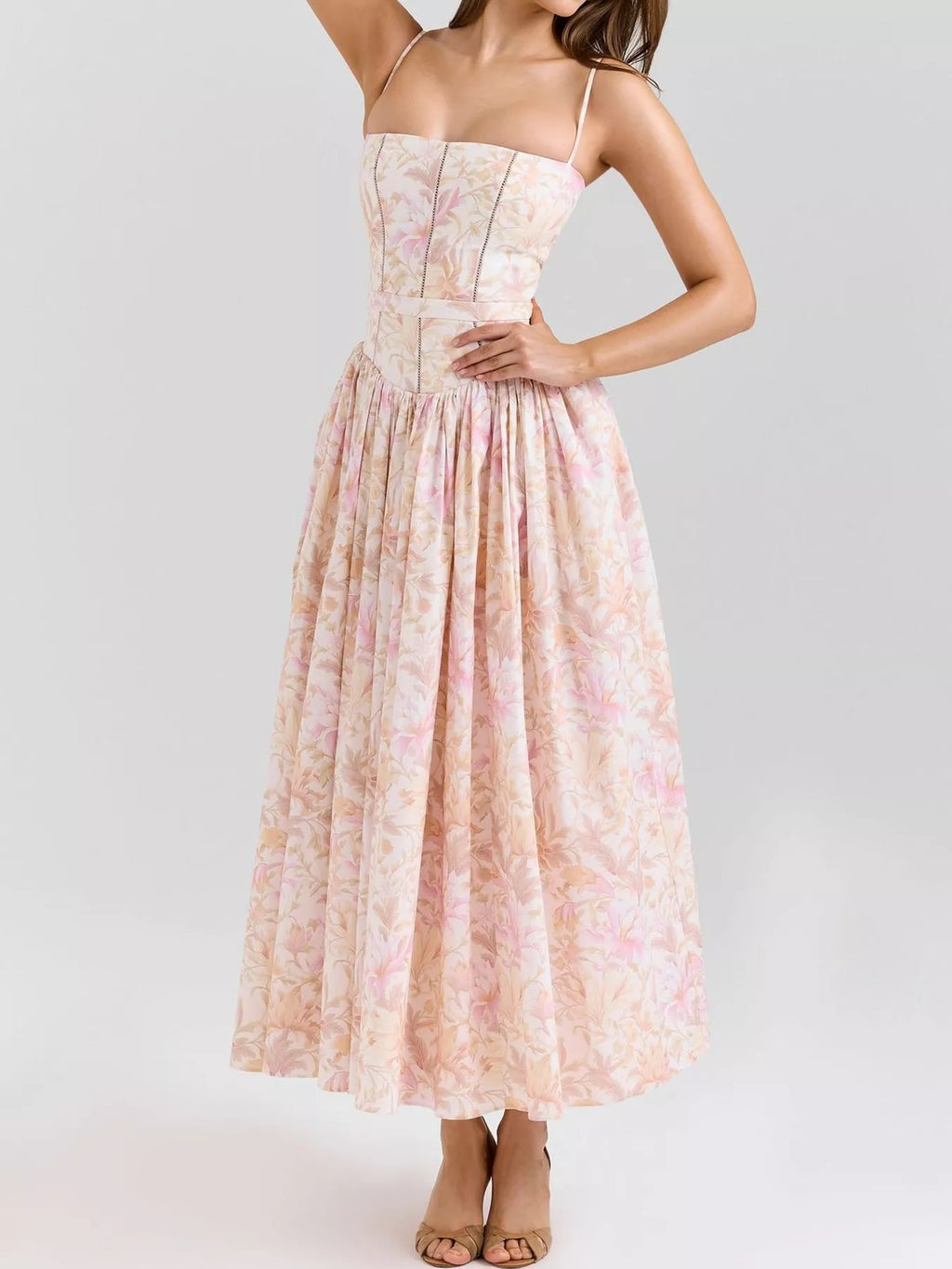 Floral Spaghetti Straps Midi Dress (51)