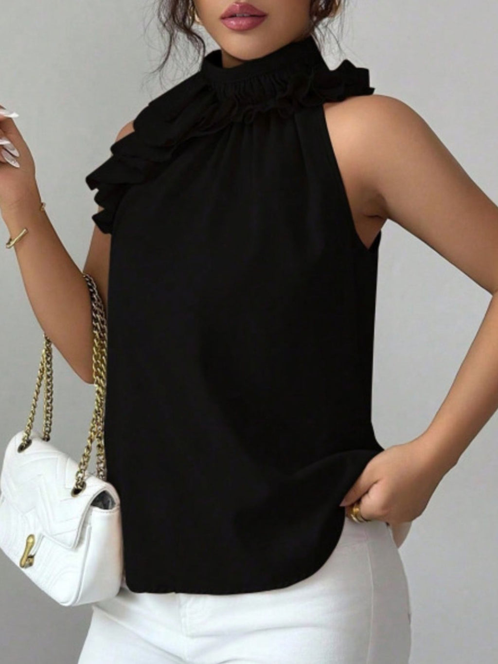 Ruffle High Neck Sleeveless Top (21)
