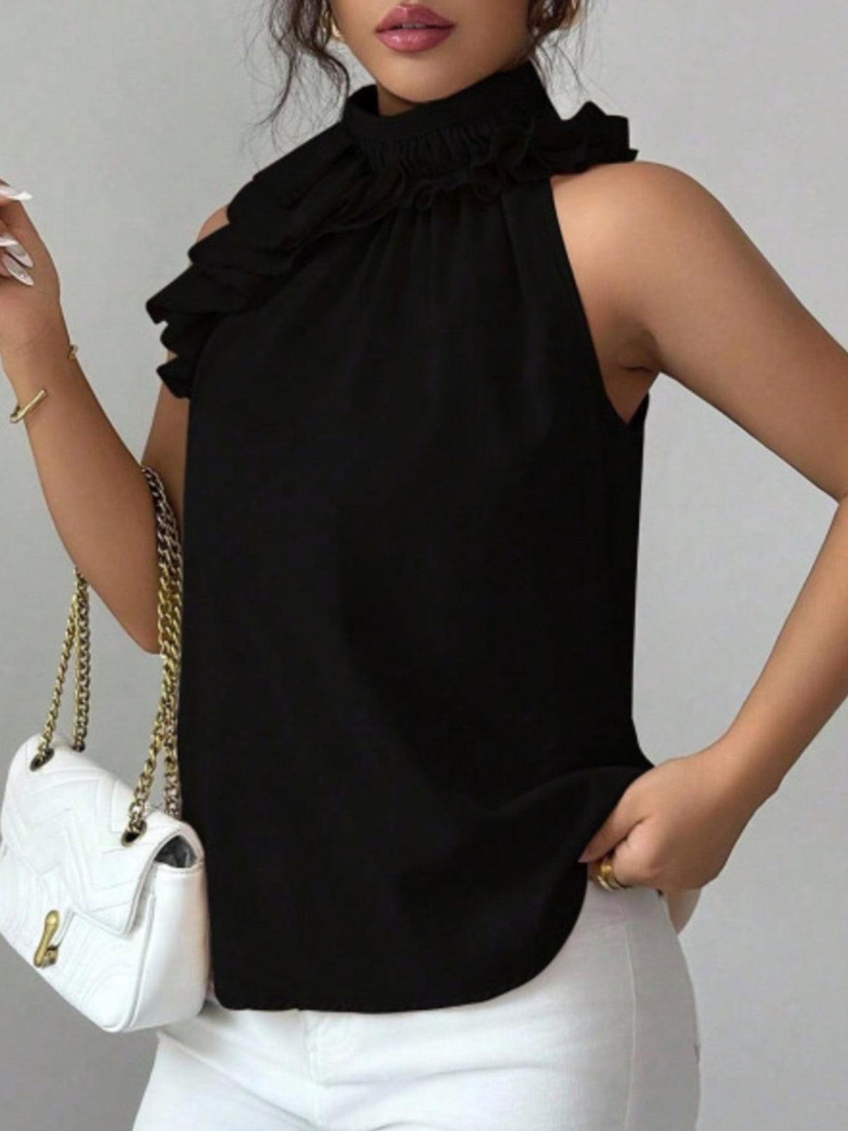 Ruffle High Neck Sleeveless Top (21)