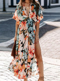 Floral Print V-neck High Slit Maxi Dress