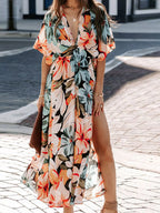 Floral Print V-neck High Slit Maxi Dress