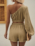 One Shoulder Long Sleeve Top Shorts Set (35)