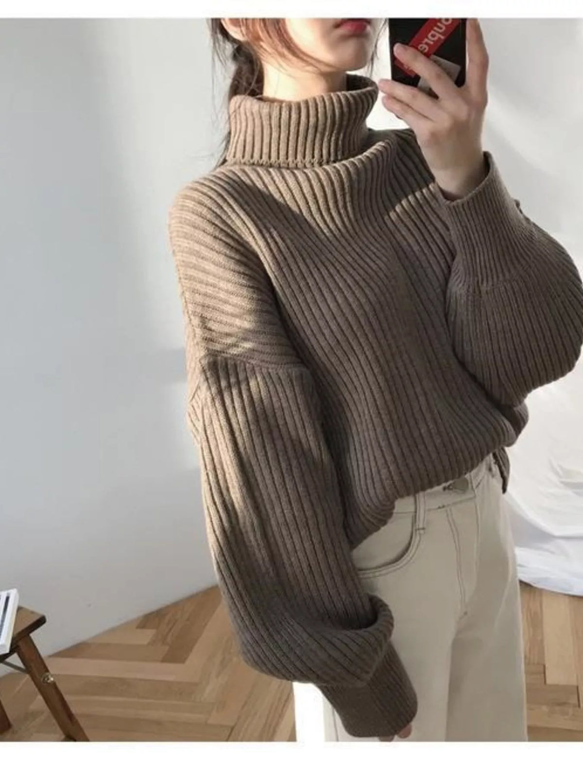 Oversized Turtleneck Ribbed Knit Sweater (3)