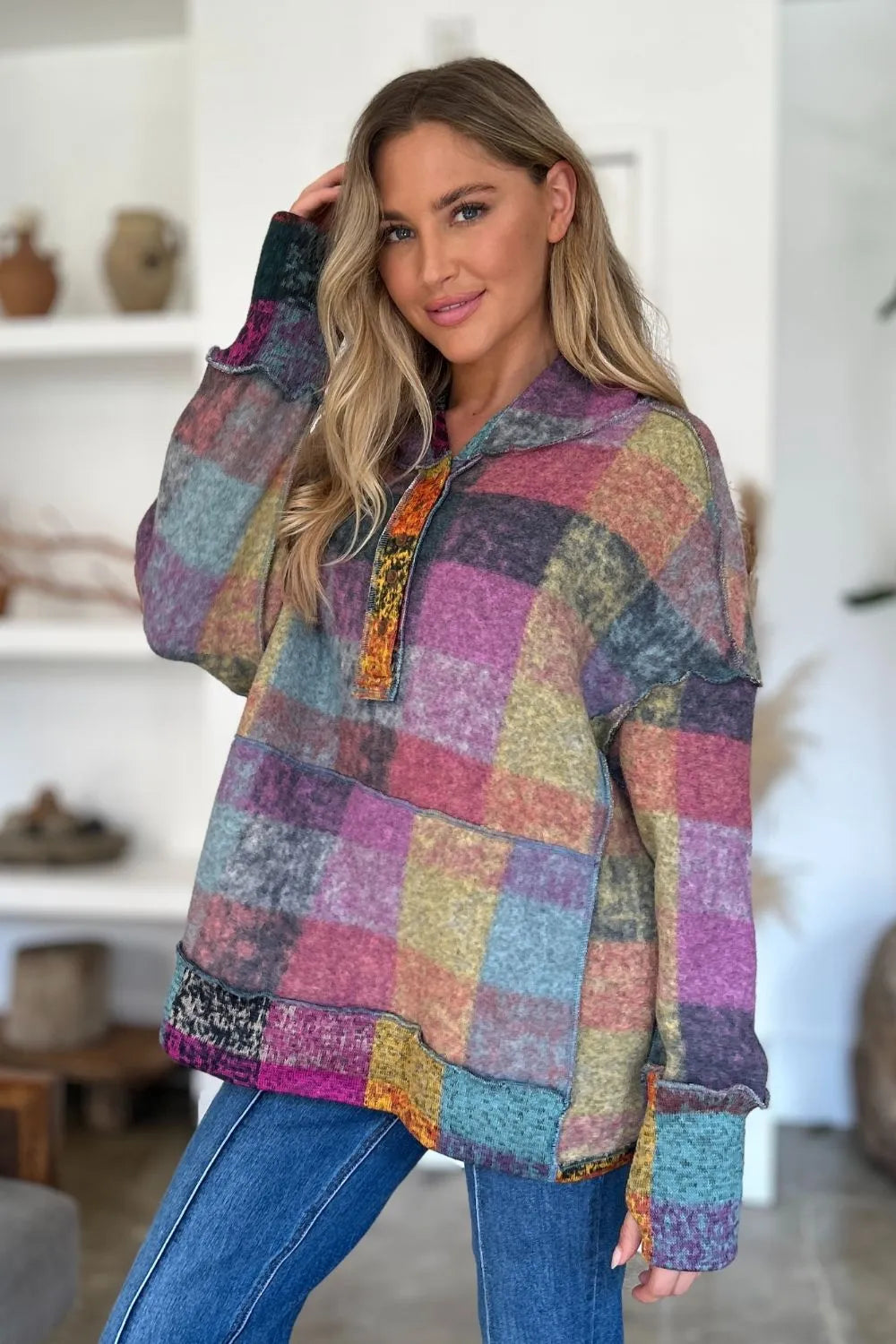 Full Size Plaid Dropped Shoulder Fleece Hoodie Plus (15)