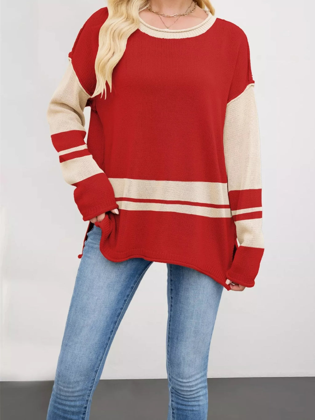 Striped Dropped Shoulder Sweater (2)