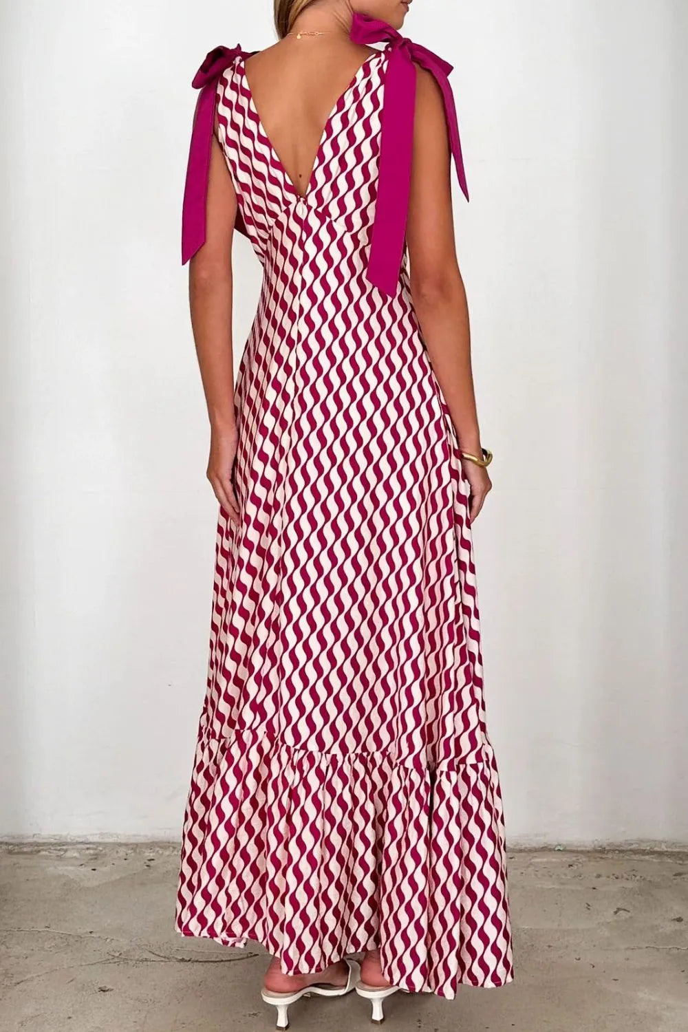 Printed V-neck Tie Shoulder Midi Cami Dress (2)
