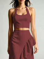 Halter Neck Crop Top High-low Maxi Skirt Two-piece Set (11)