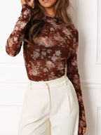 Floral Print Sheer Mesh Long Sleeve Mock Neck Top (13)