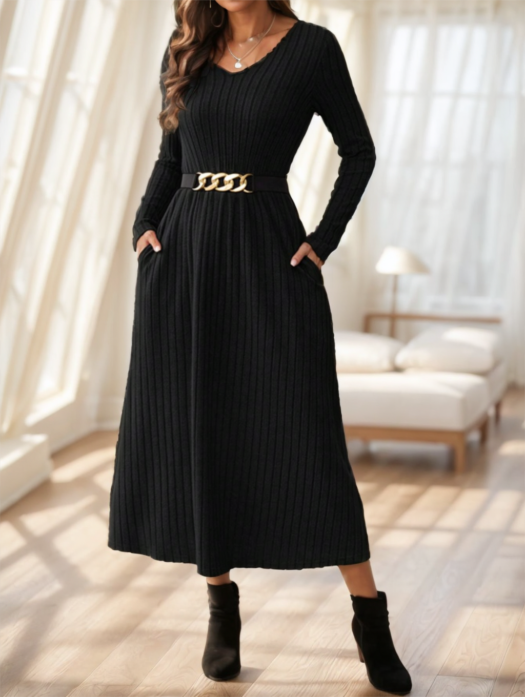 Fall Solid Color Casual Long Sleeve Midi Belted Dress (2)