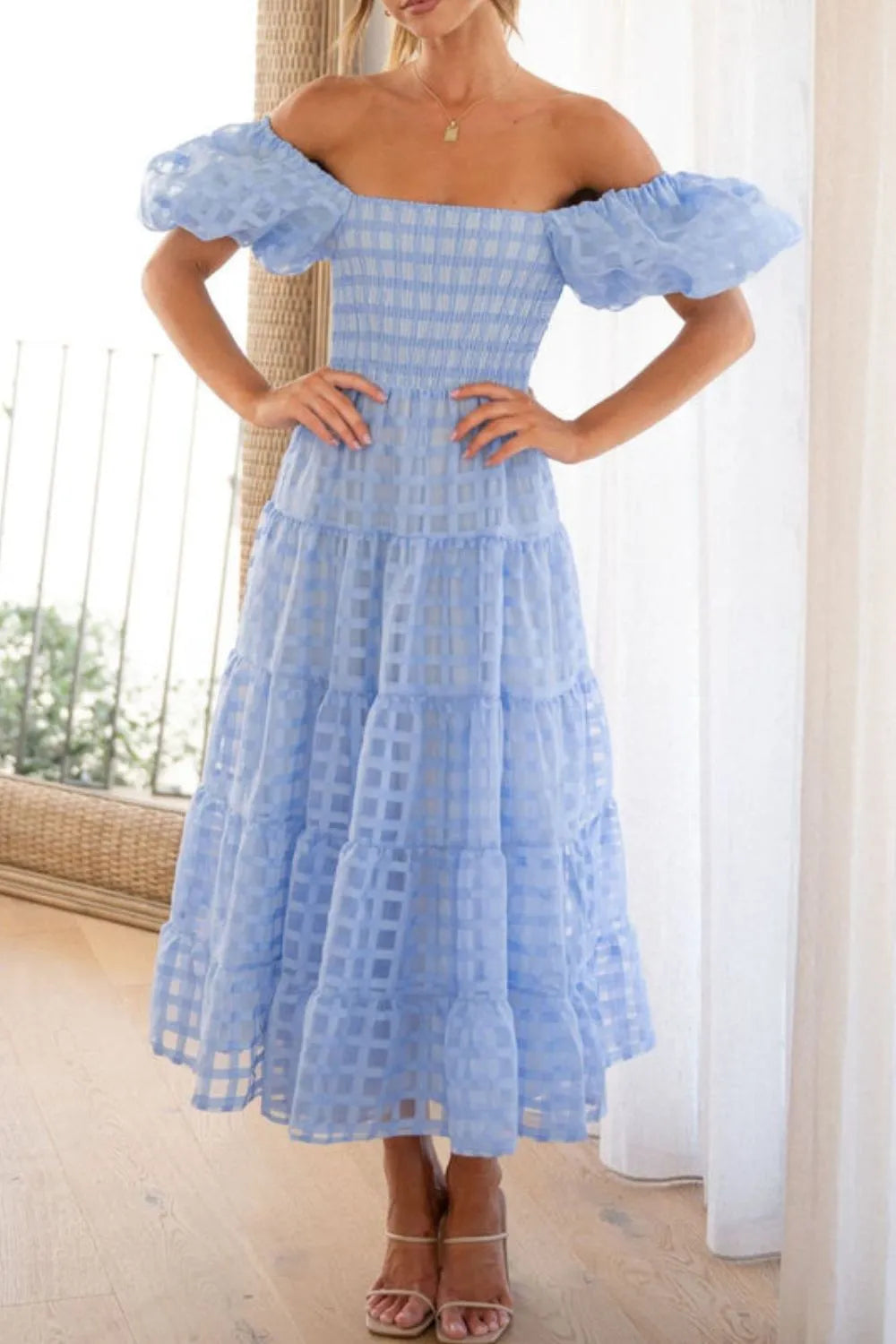 Off Shoulder Short Puff Sleeve Midi Dress (32)
