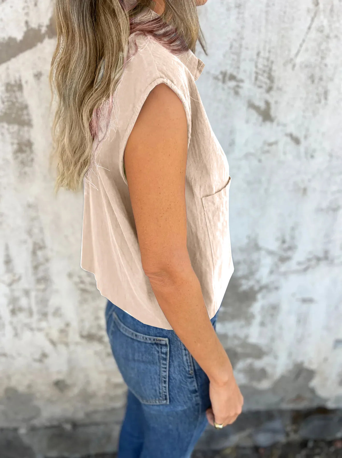 Full Size Button Down Cap Sleeve Linen Shirt Plus (15)