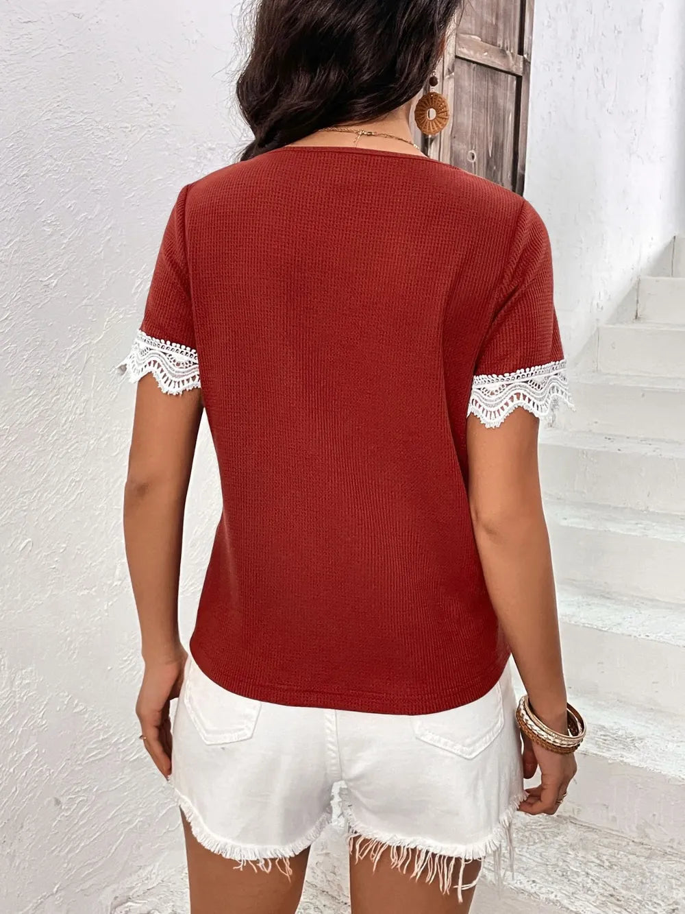 Lace Detail V-neck Short Sleeve T-shirt (4)