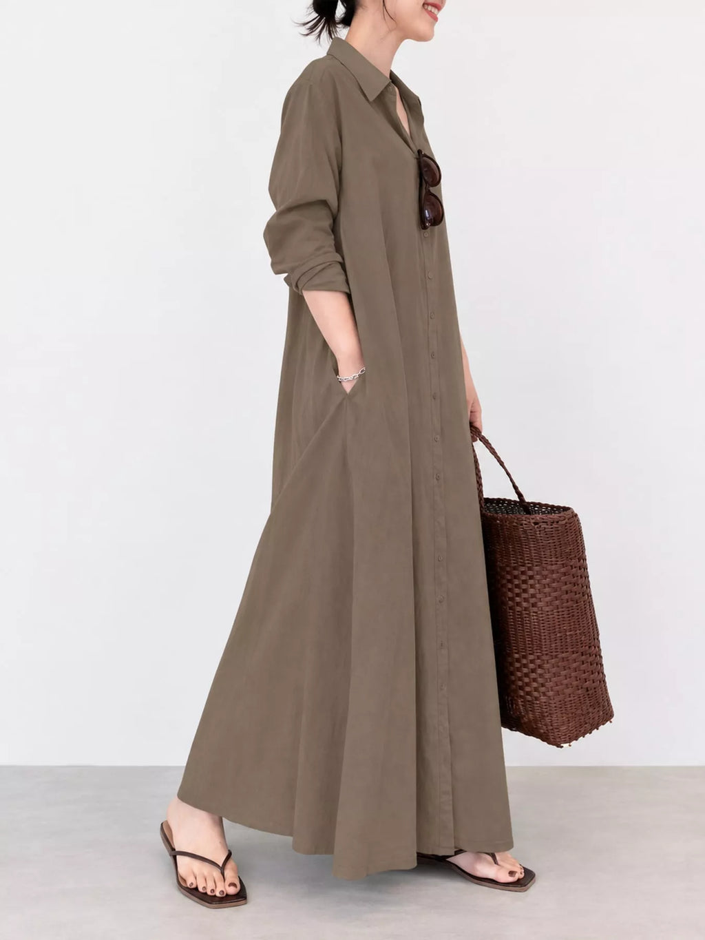 Full Size Button Front Long Sleeve Maxi Shirt Dress Plus (40)